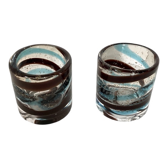 Hand Blown Glass Candle Holders Turquoise And Brown Glass Swirl Pattern Mexico - Picture 7 of 16